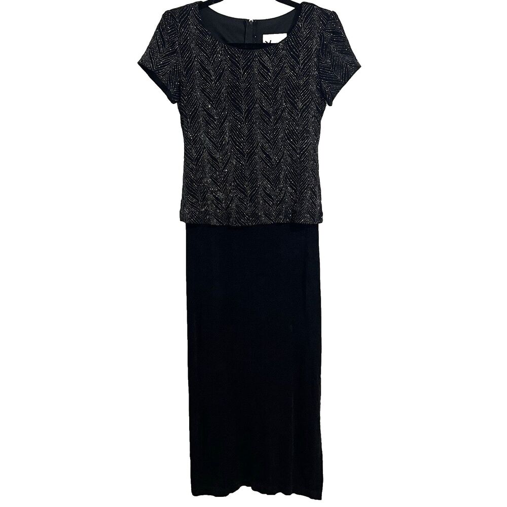 Vintage SL Fashion Layered Gown Size 6P Black Embellished Slinky USA Formal